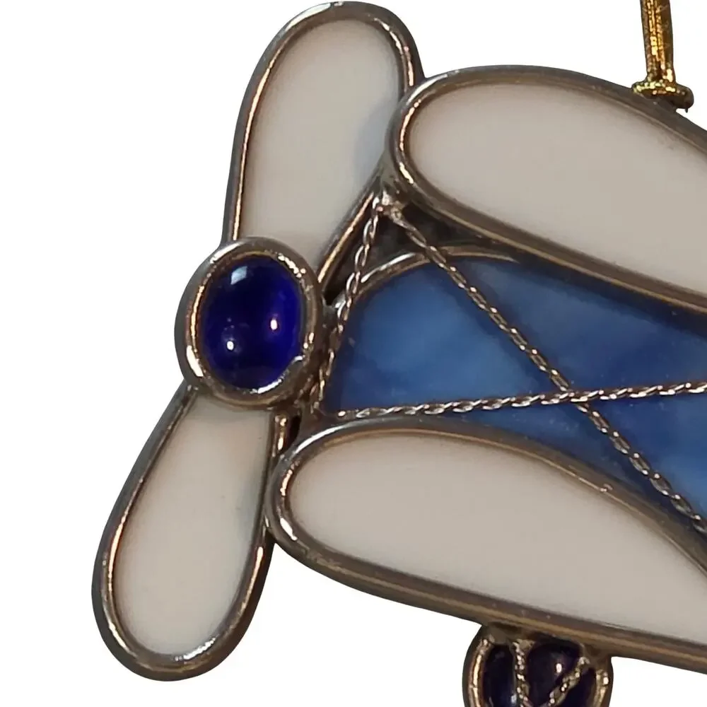 Vintage Stained Glass Biplane Suncatcher Blue White Airplane Window Ornament